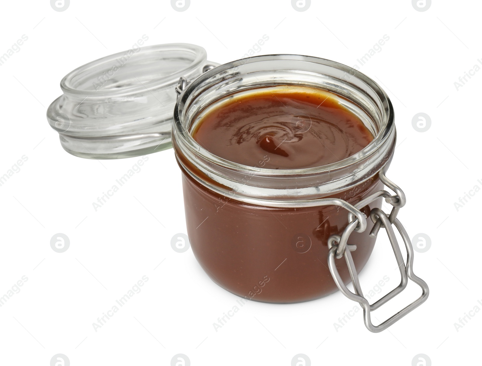 Photo of Tasty barbecue sauce in glass jar isolated on white