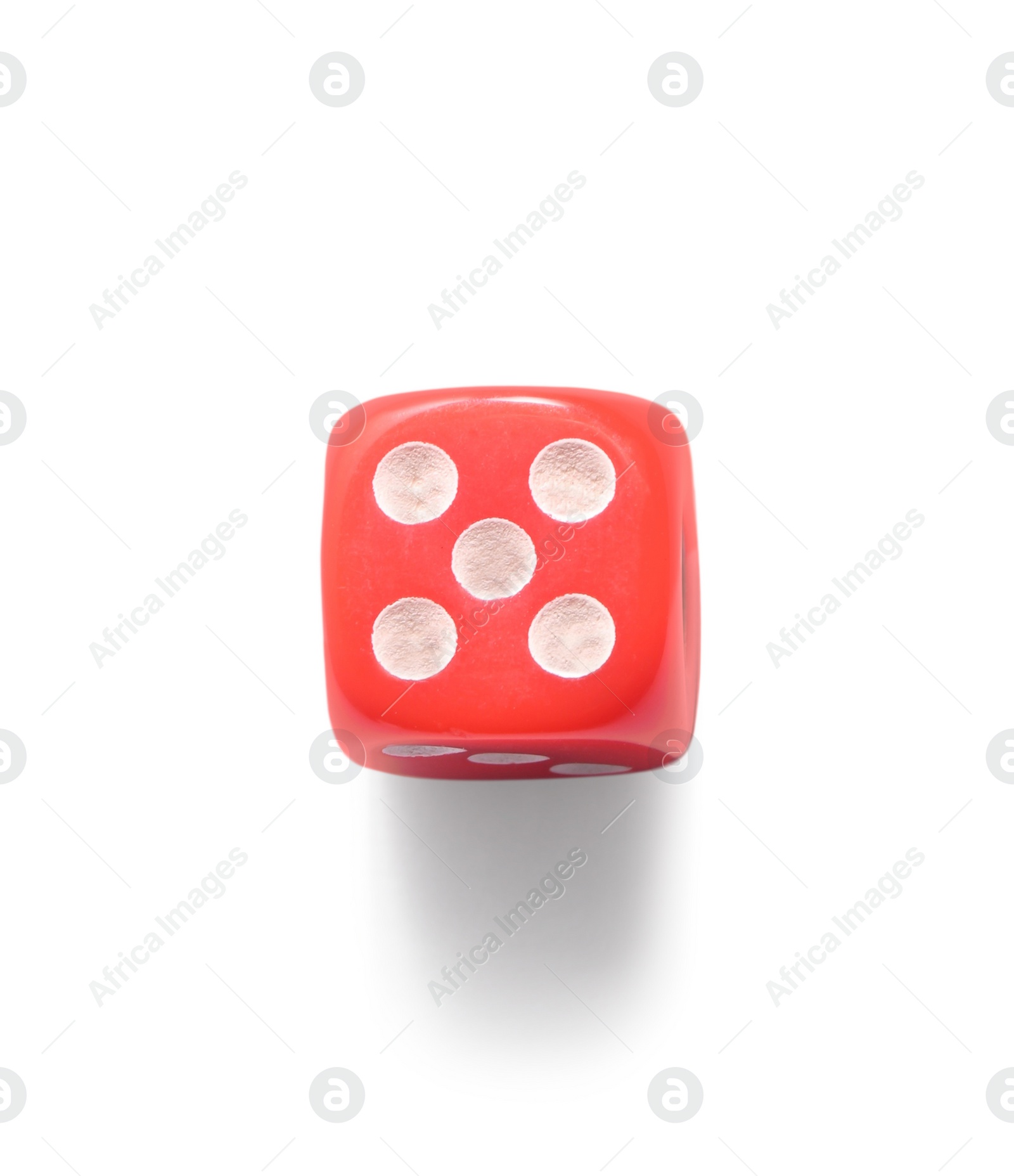 Photo of One red game dice isolated on white, top view