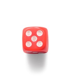 One red game dice isolated on white, top view