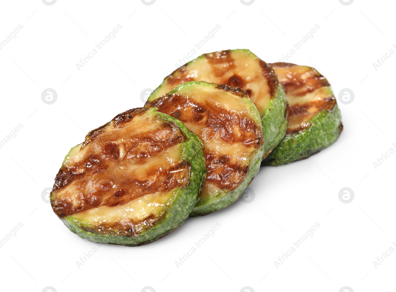 Photo of Slices of delicious grilled zucchini isolated on white