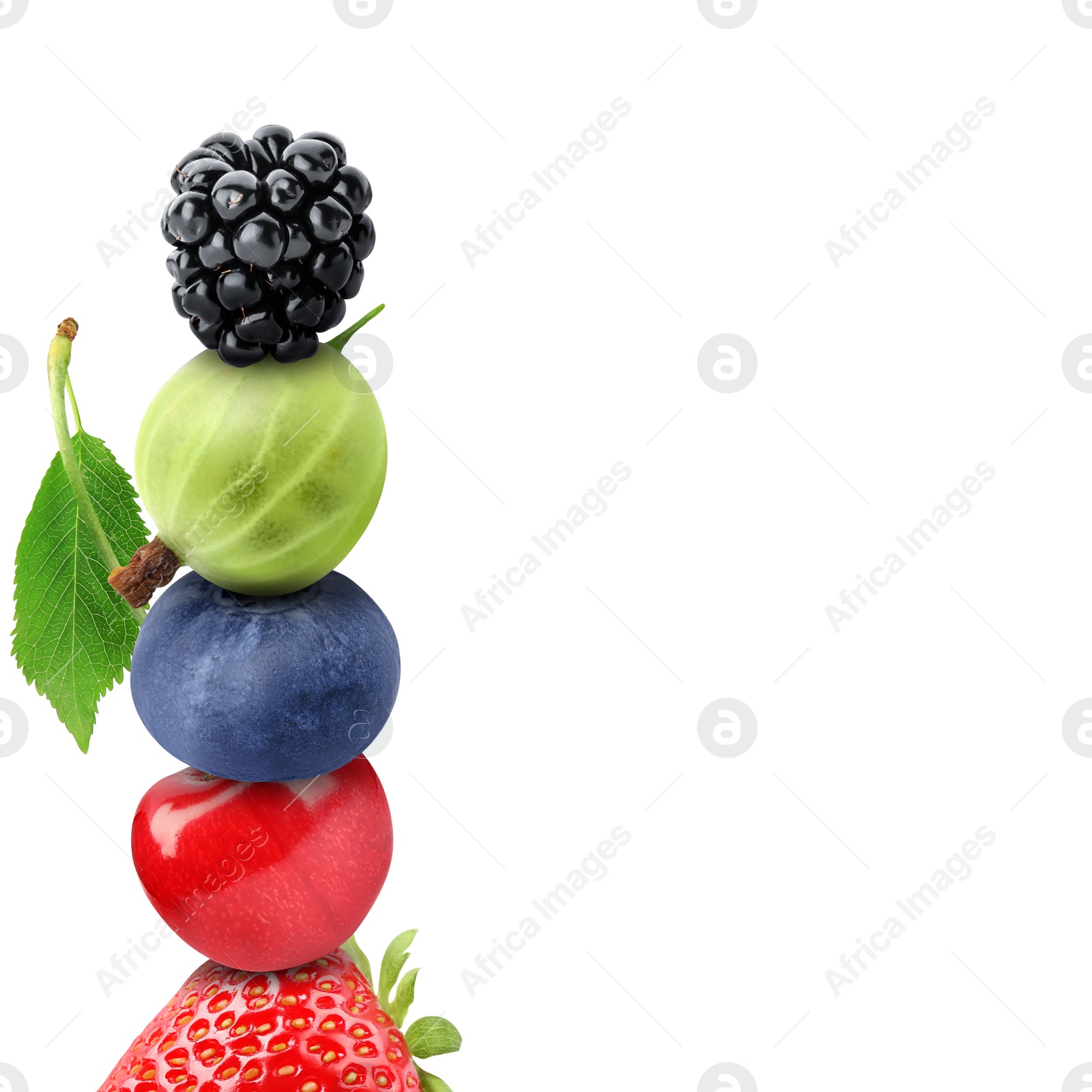 Image of Stack of different fresh tasty berries and cherry on white background