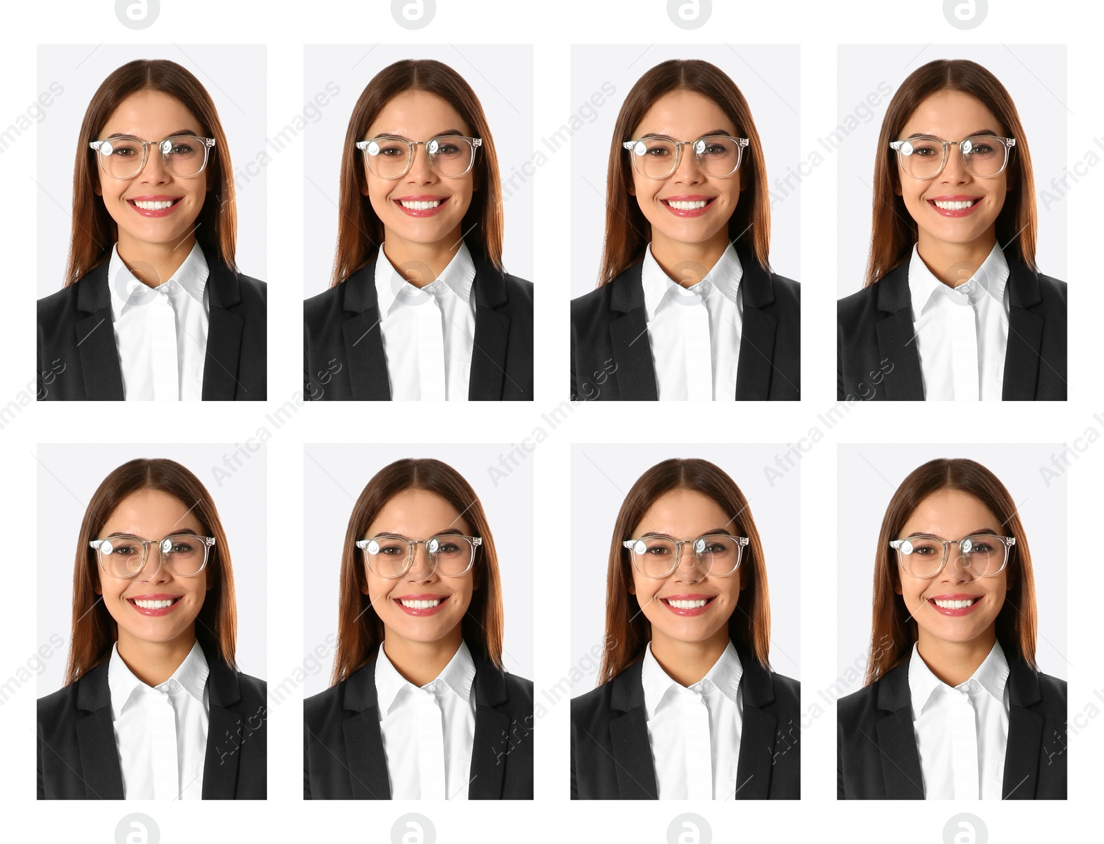 Image of Passport photo, collage. Woman on white background, set of photos