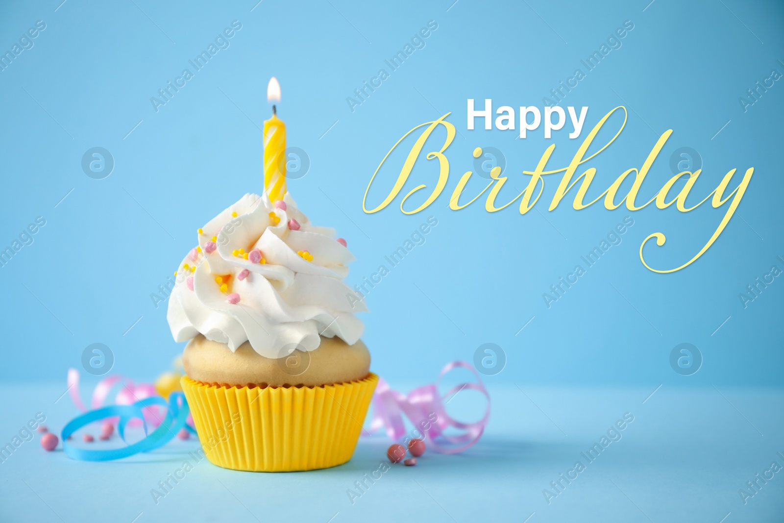 Image of Happy Birthday! Delicious cupcake with candle on light blue background