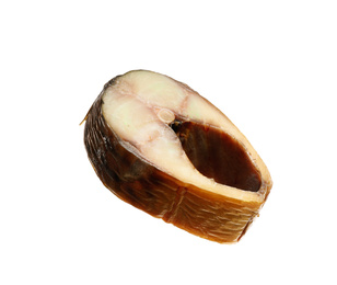 Photo of Slice of tasty smoked fish isolated on white