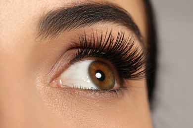 Photo of Beautiful young woman with long eyelashes on light background, closeup