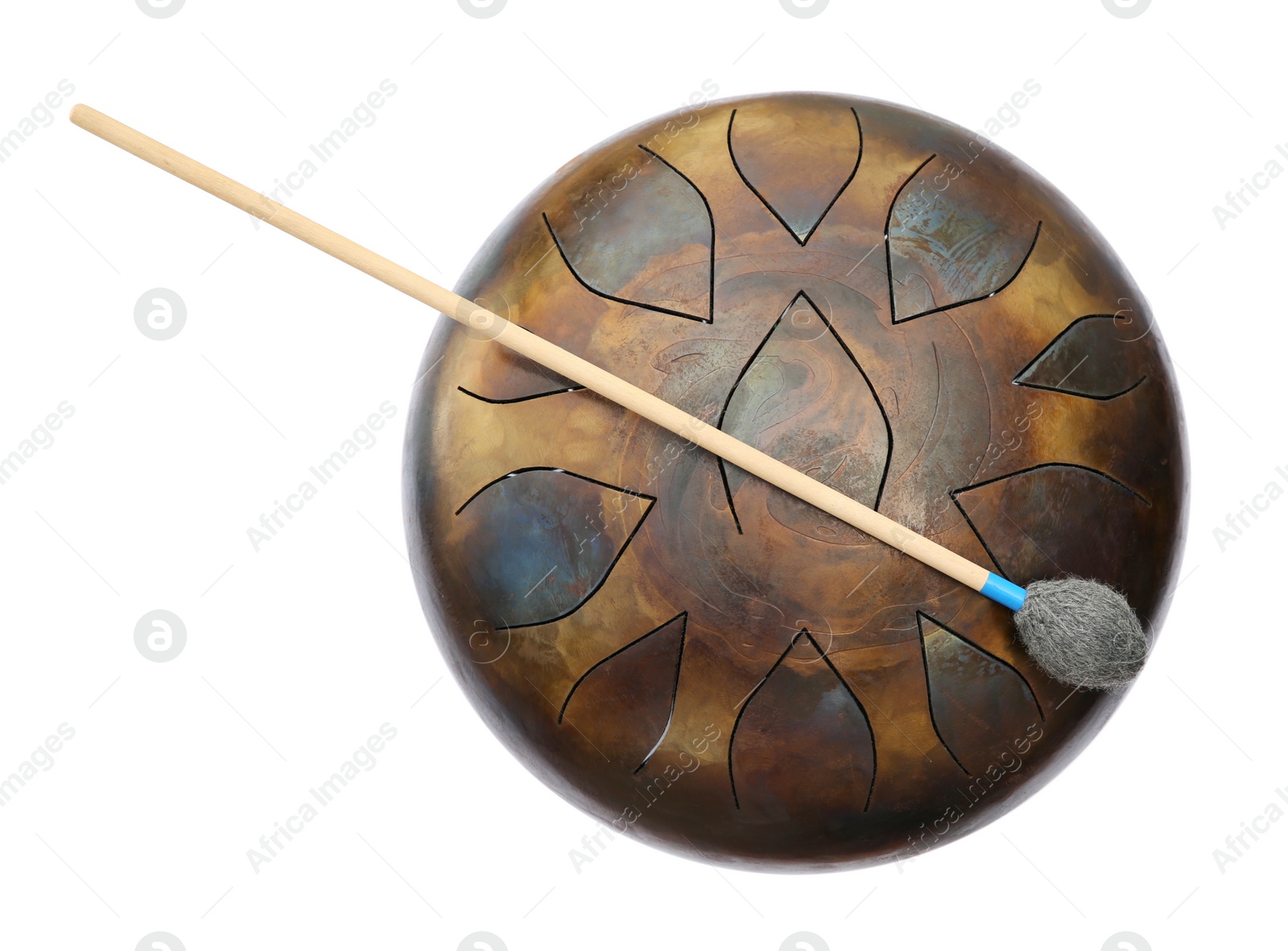 Photo of Steel tongue drum with soft mallet isolated on white, top view