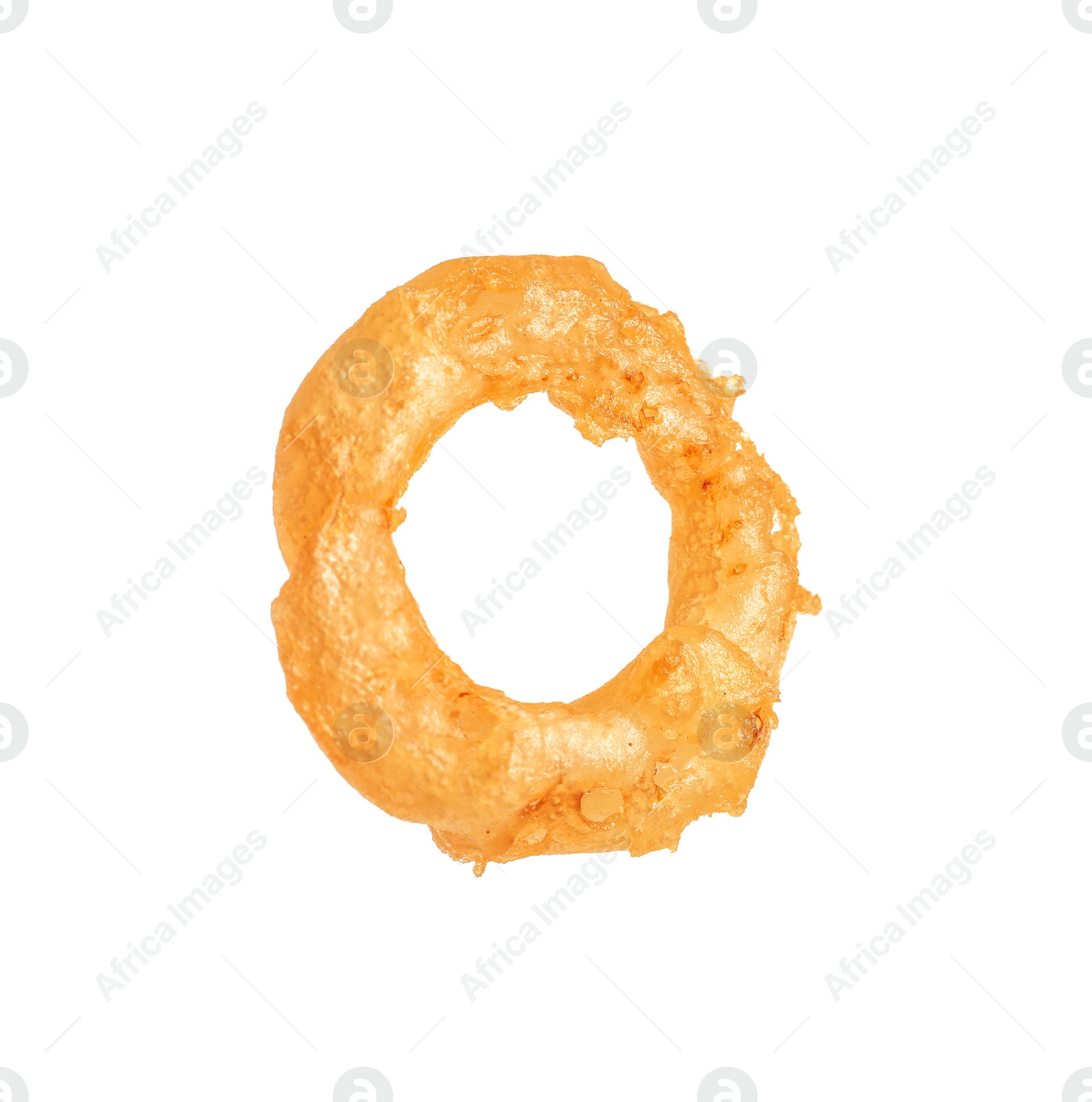 Photo of Delicious golden breaded and deep fried crispy onion ring on white background