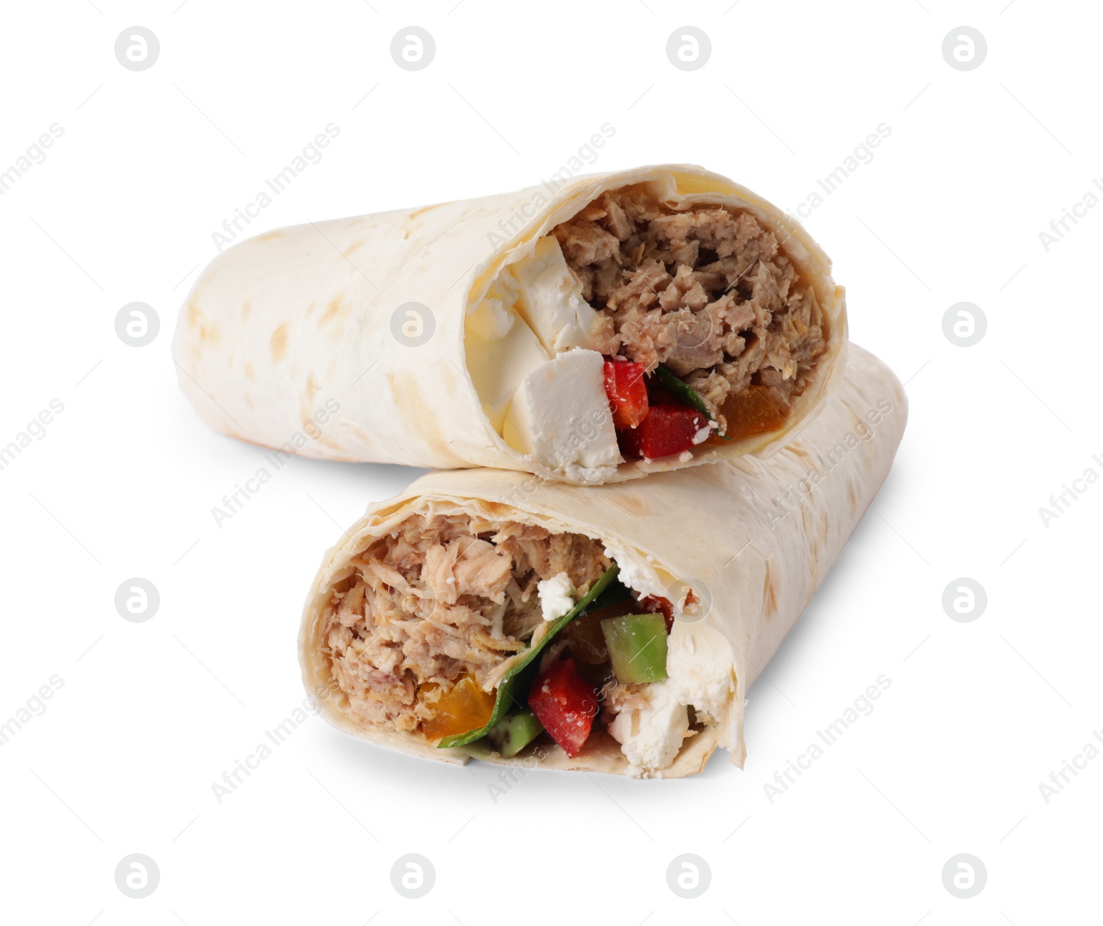 Photo of Delicious tortilla wraps with tuna isolated on white