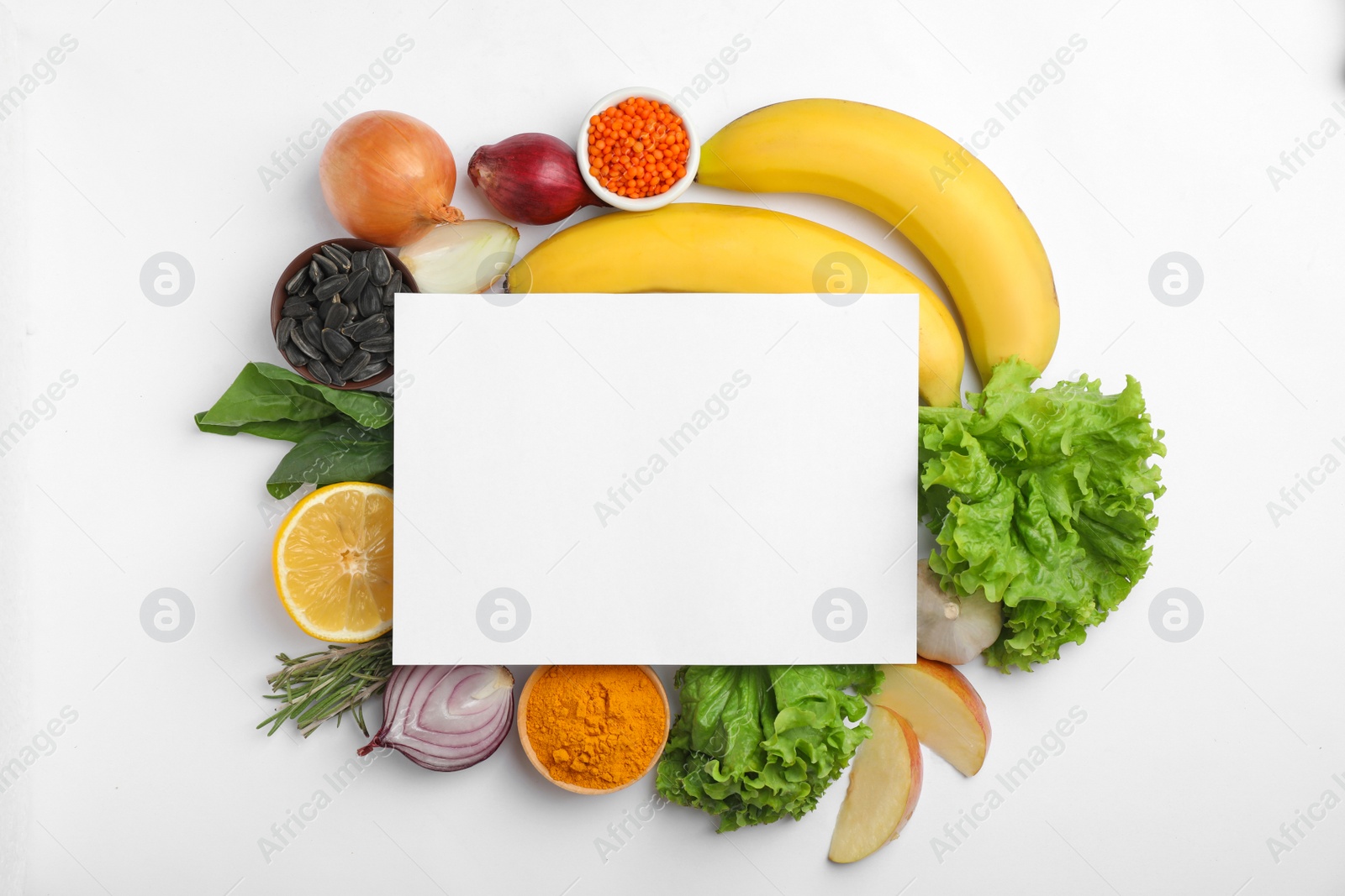 Photo of Natural products and blank card with space for text on white background, top view. Home remedies for asthma
