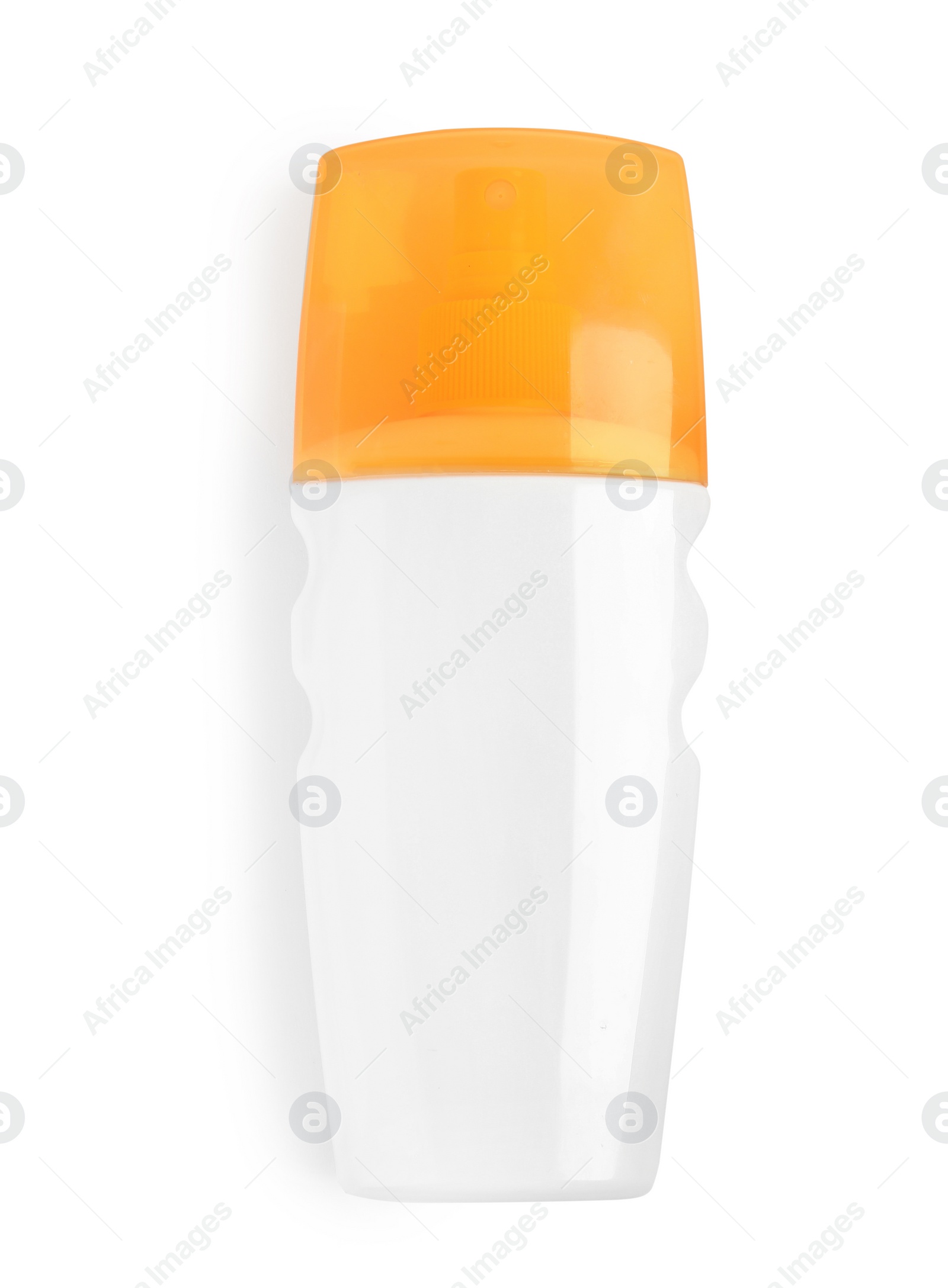 Photo of Bottle with sun protection body cream on white background