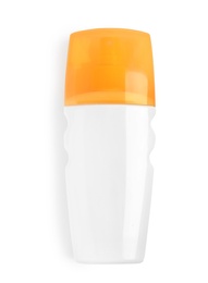 Bottle with sun protection body cream on white background