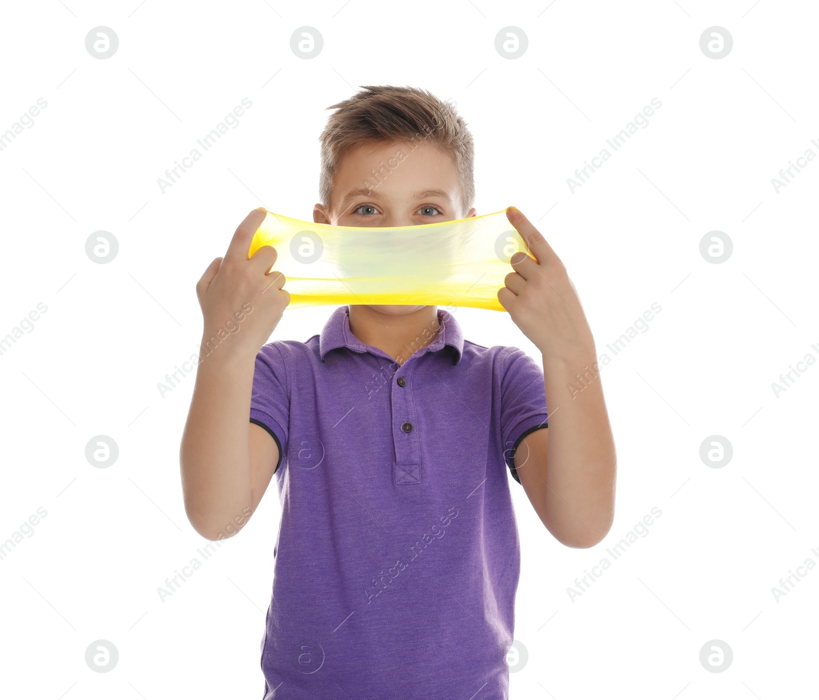 Photo of Little boy with slime on white background