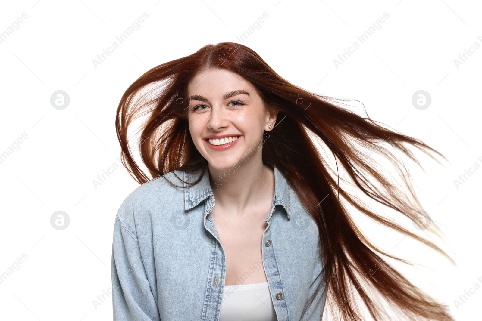 Photo of Portrait of smiling woman on white background