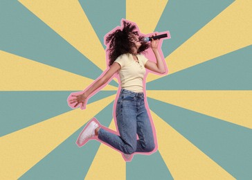Image of Pop art poster. Beautiful young woman with microphone jumping while singing on bright striped gradient background, pin up style