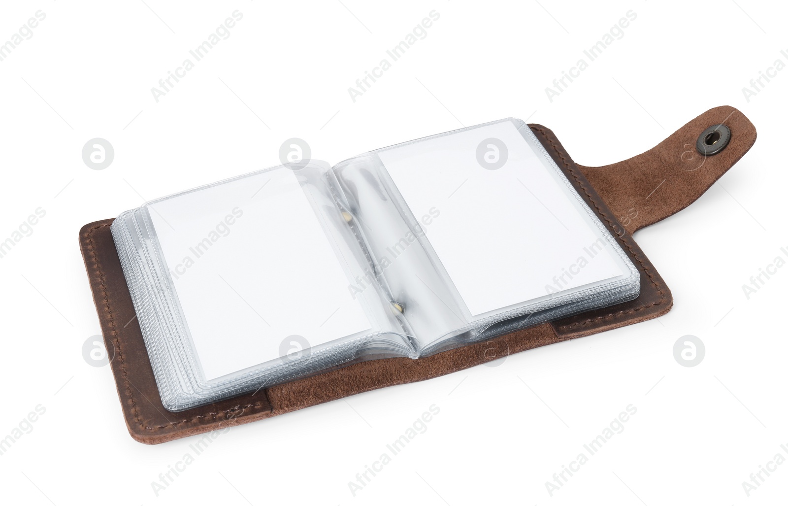 Photo of Leather business card holder with blank cards isolated on white