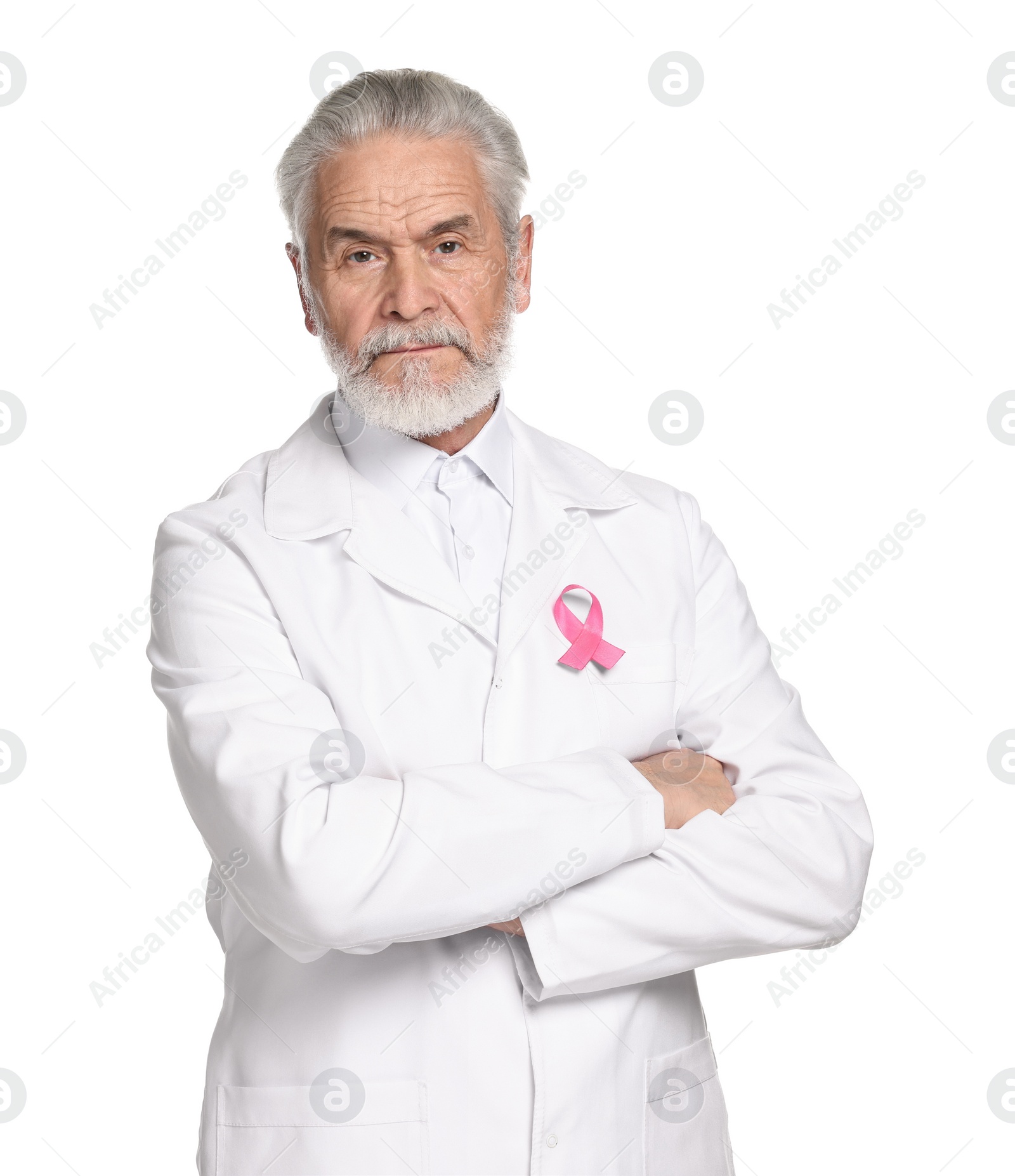 Photo of Mammologist with pink ribbon on white background. Breast cancer awareness