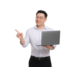 Photo of Businessman in formal clothes with laptop on white background