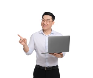 Businessman in formal clothes with laptop on white background