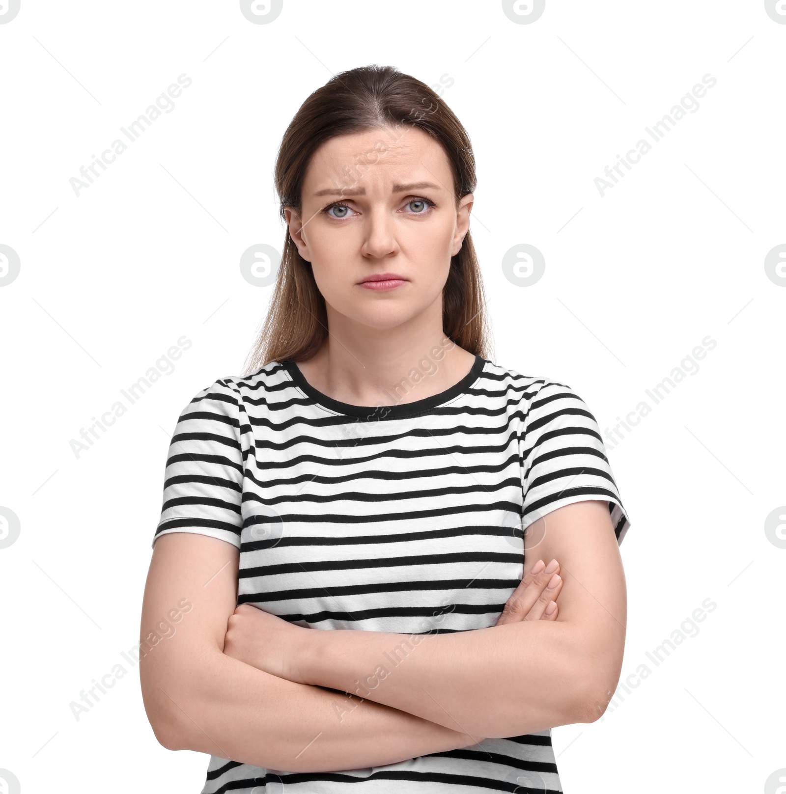 Photo of Portrait of sad woman with crossed arms on white background