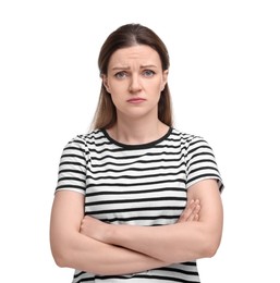 Portrait of sad woman with crossed arms on white background