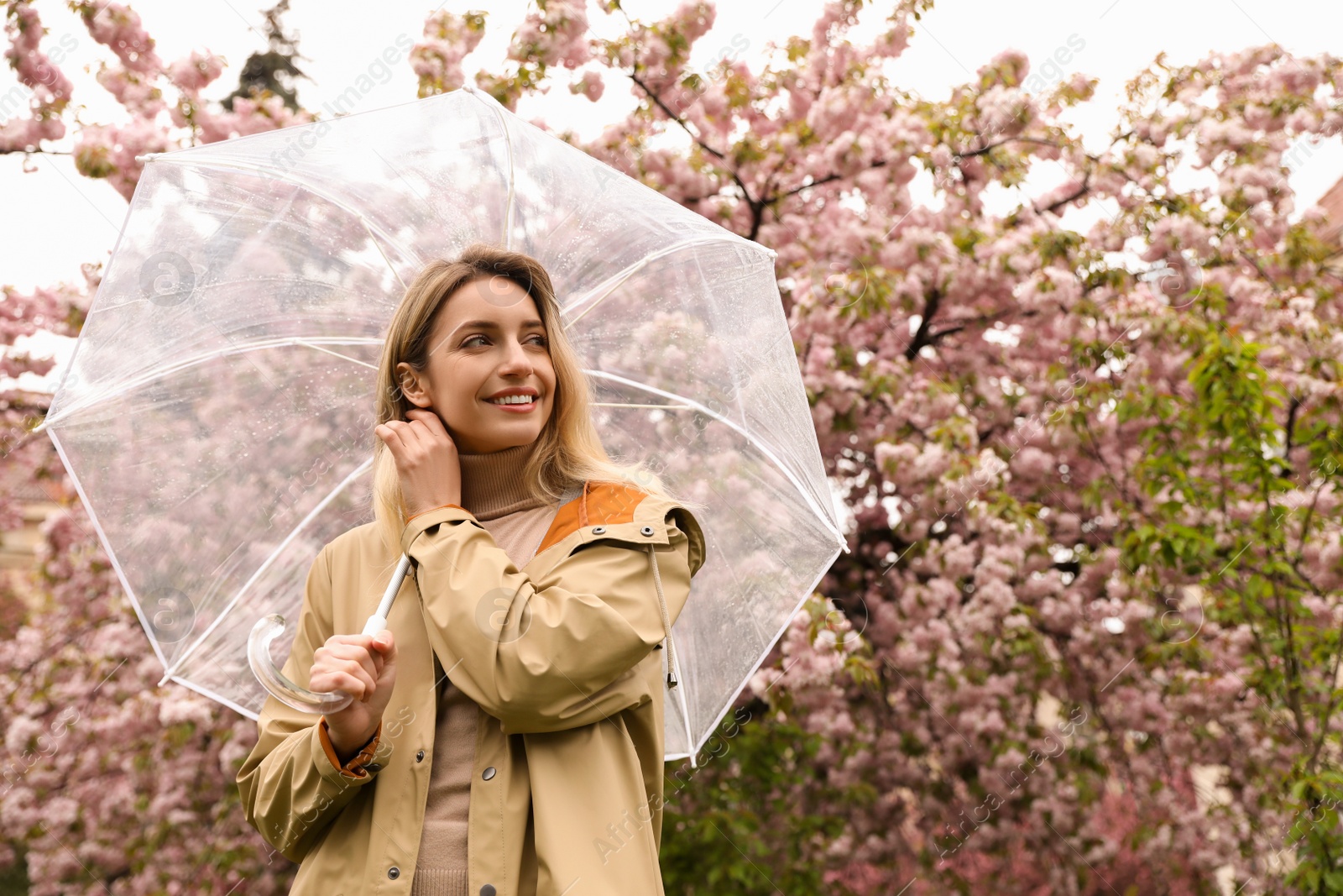 Photo of Young woman with umbrella near blossoming tree on spring day