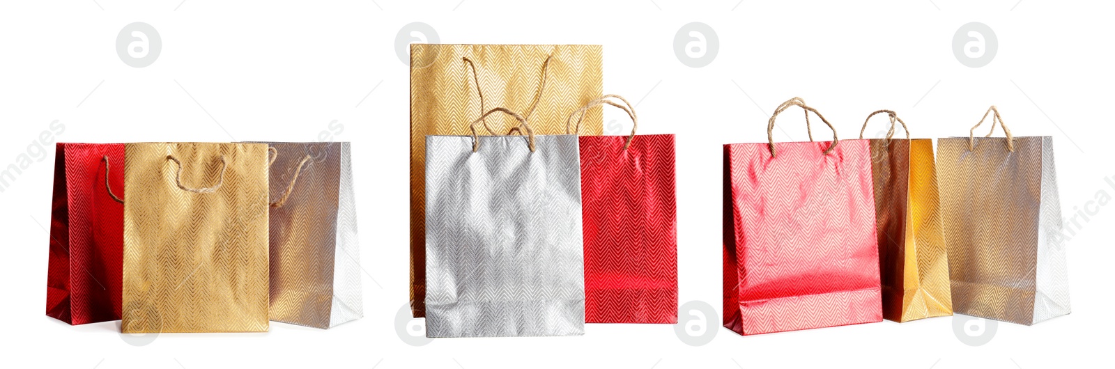 Image of Set of paper shopping bags on white background. Banner design