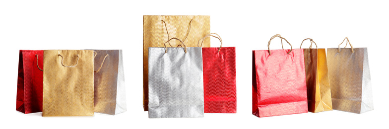 Set of paper shopping bags on white background. Banner design