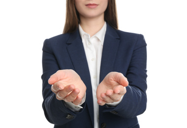 Photo of Young woman against white background, focus on hands