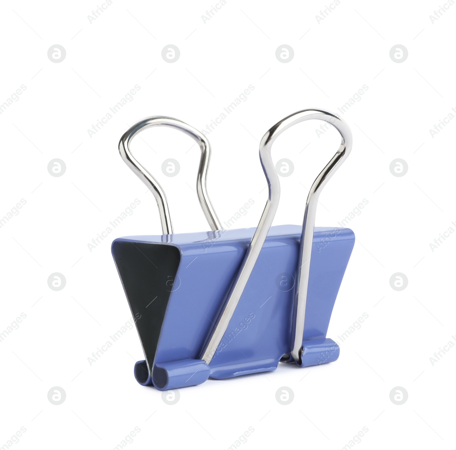 Photo of Blue binder clip isolated on white. Stationery item