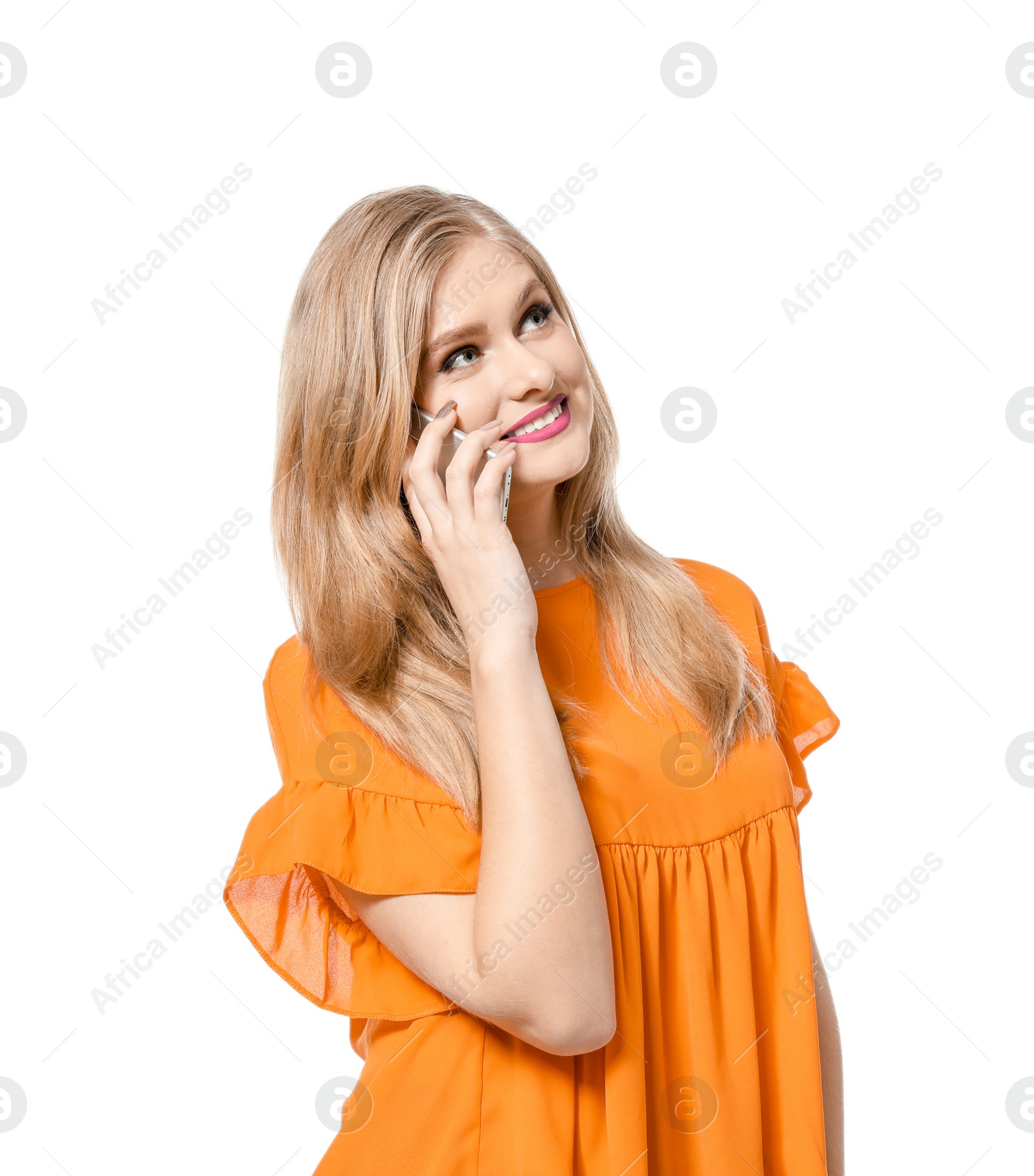 Photo of Attractive young woman talking on phone against white background