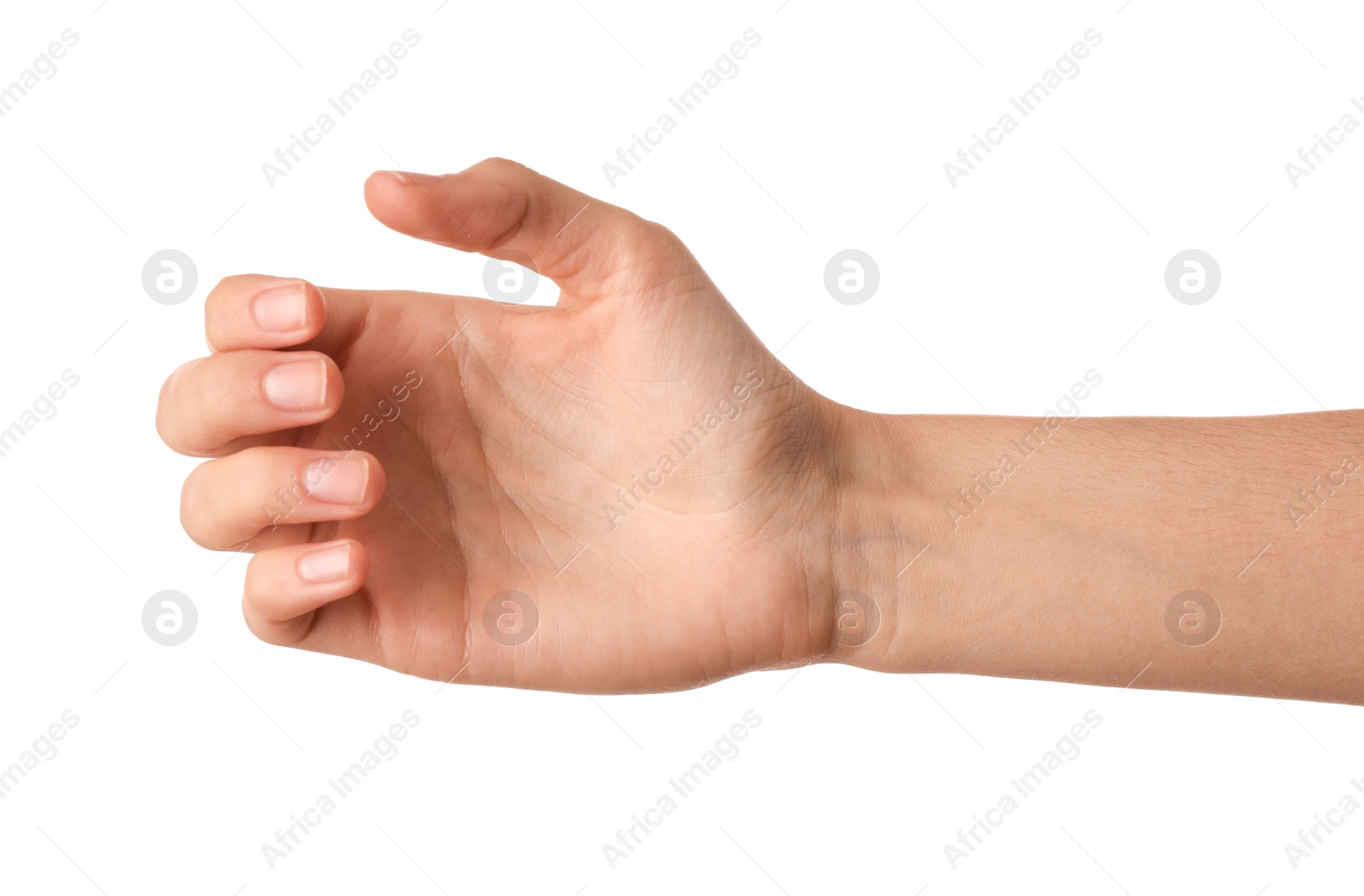 Photo of Woman holding something on white background, closeup of hand