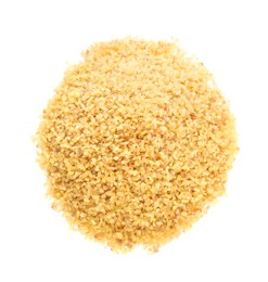 Photo of Pile of uncooked bulgur isolated on white, top view