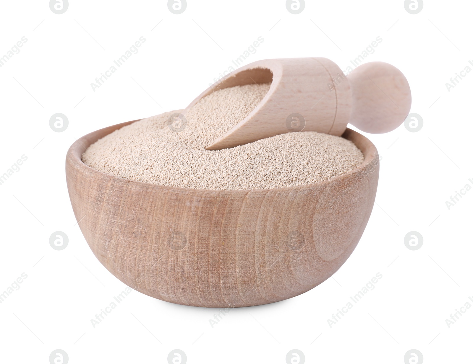 Photo of Bowl and scoop with active dry yeast isolated on white