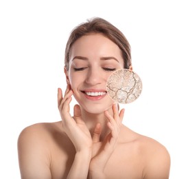 Image of Young woman with facial dry skin problem on white background