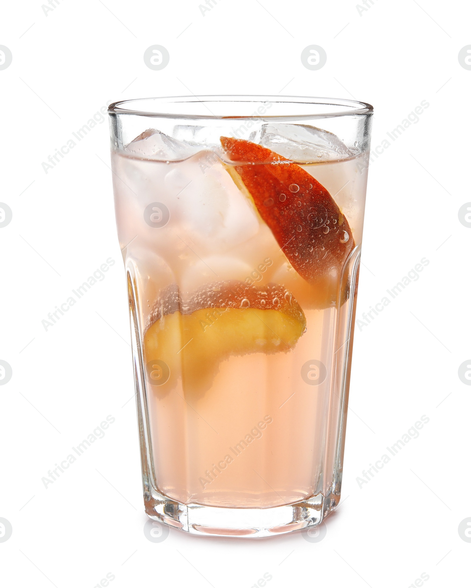 Photo of Peach cocktail in glass on white background. Refreshing drink