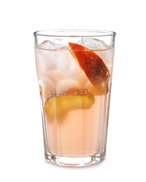 Photo of Peach cocktail in glass on white background. Refreshing drink