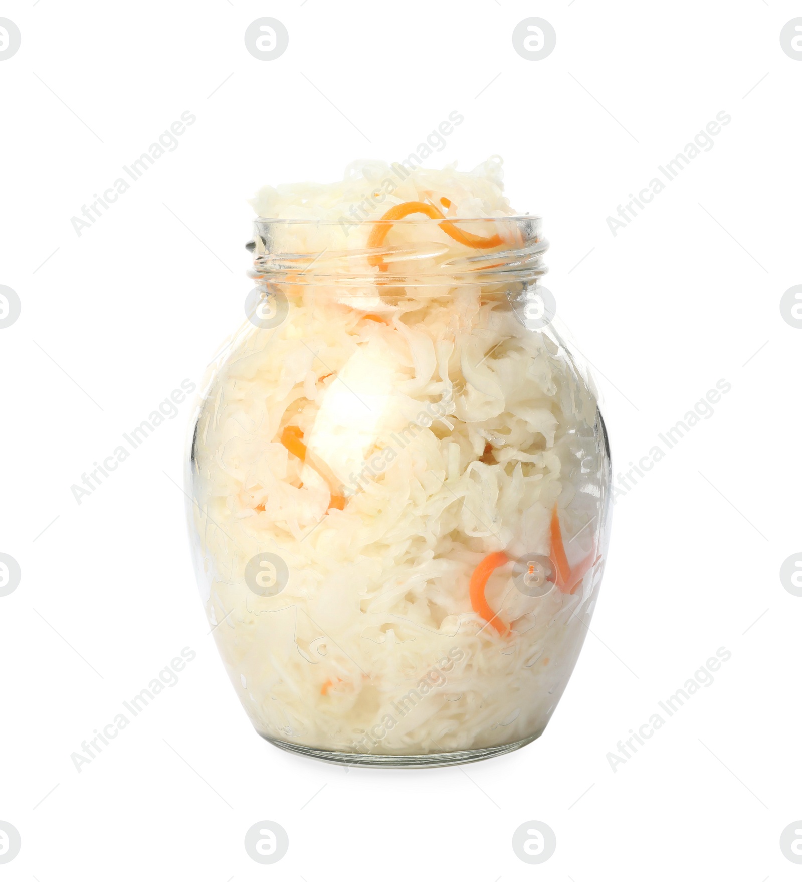 Photo of Glass jar of tasty fermented cabbage isolated on white