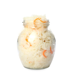 Glass jar of tasty fermented cabbage isolated on white