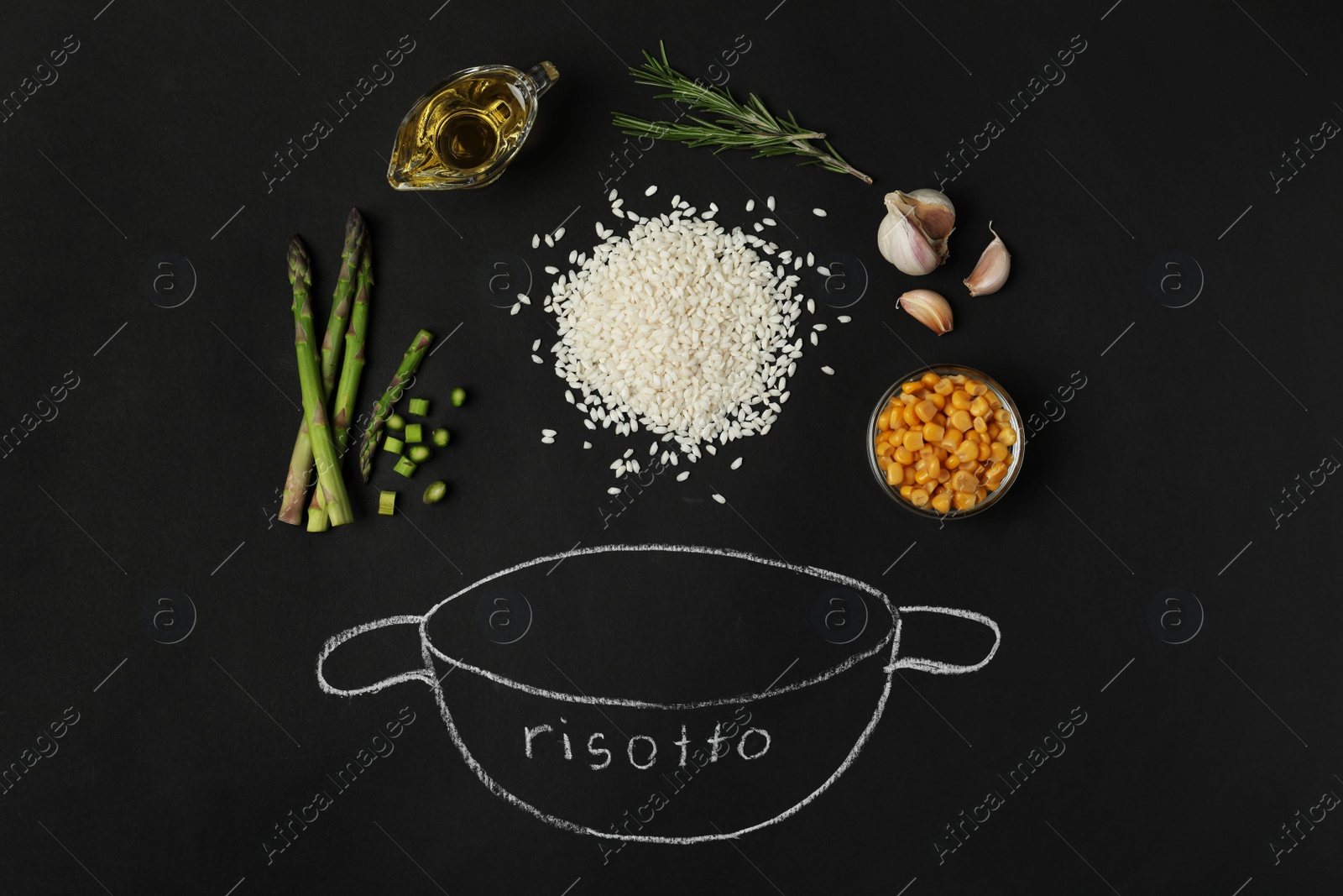 Photo of Flat lay composition with different ingredients on black background. Risotto recipe