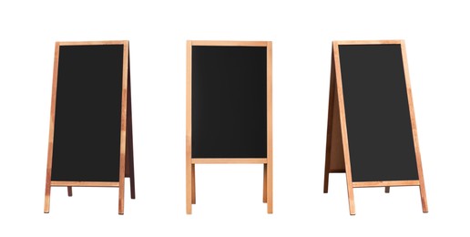 Set with blank advertising A-boards on white background, banner design. Mockup for design