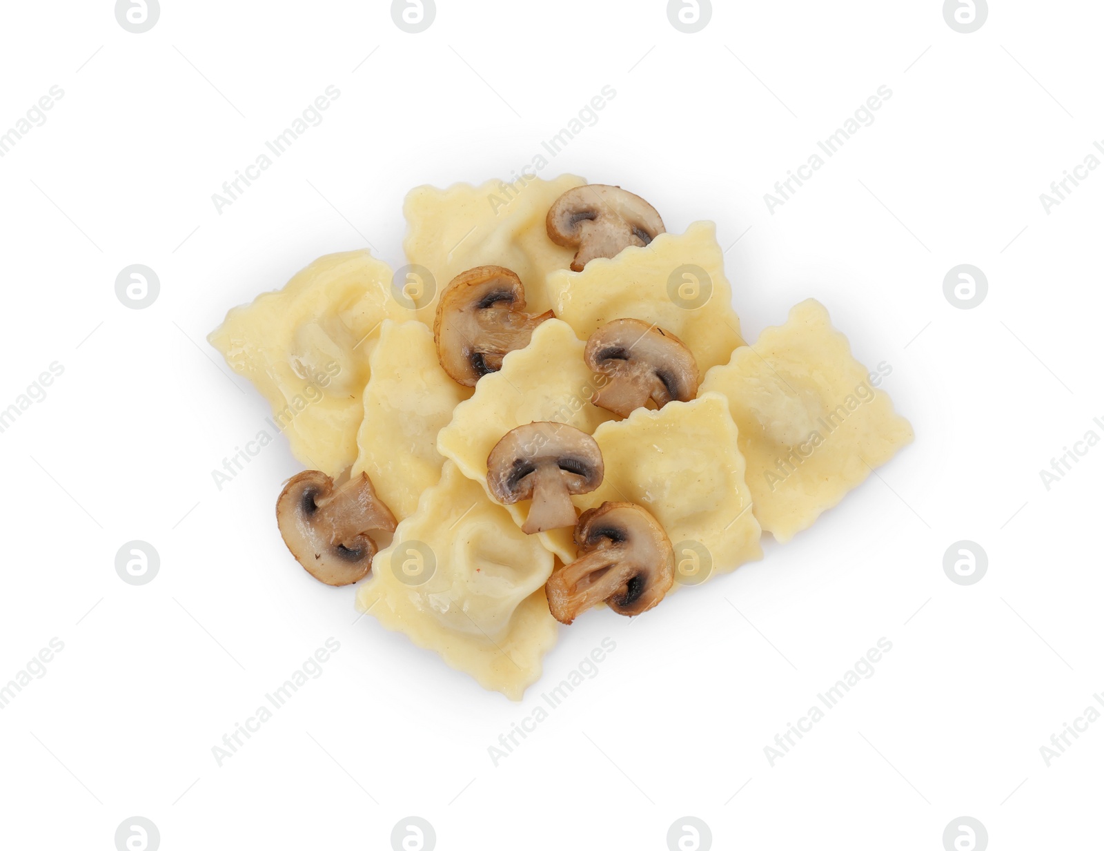 Photo of Delicious ravioli with mushrooms isolated on white, top view