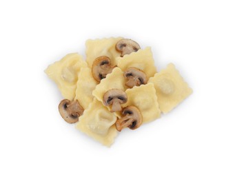 Photo of Delicious ravioli with mushrooms isolated on white, top view