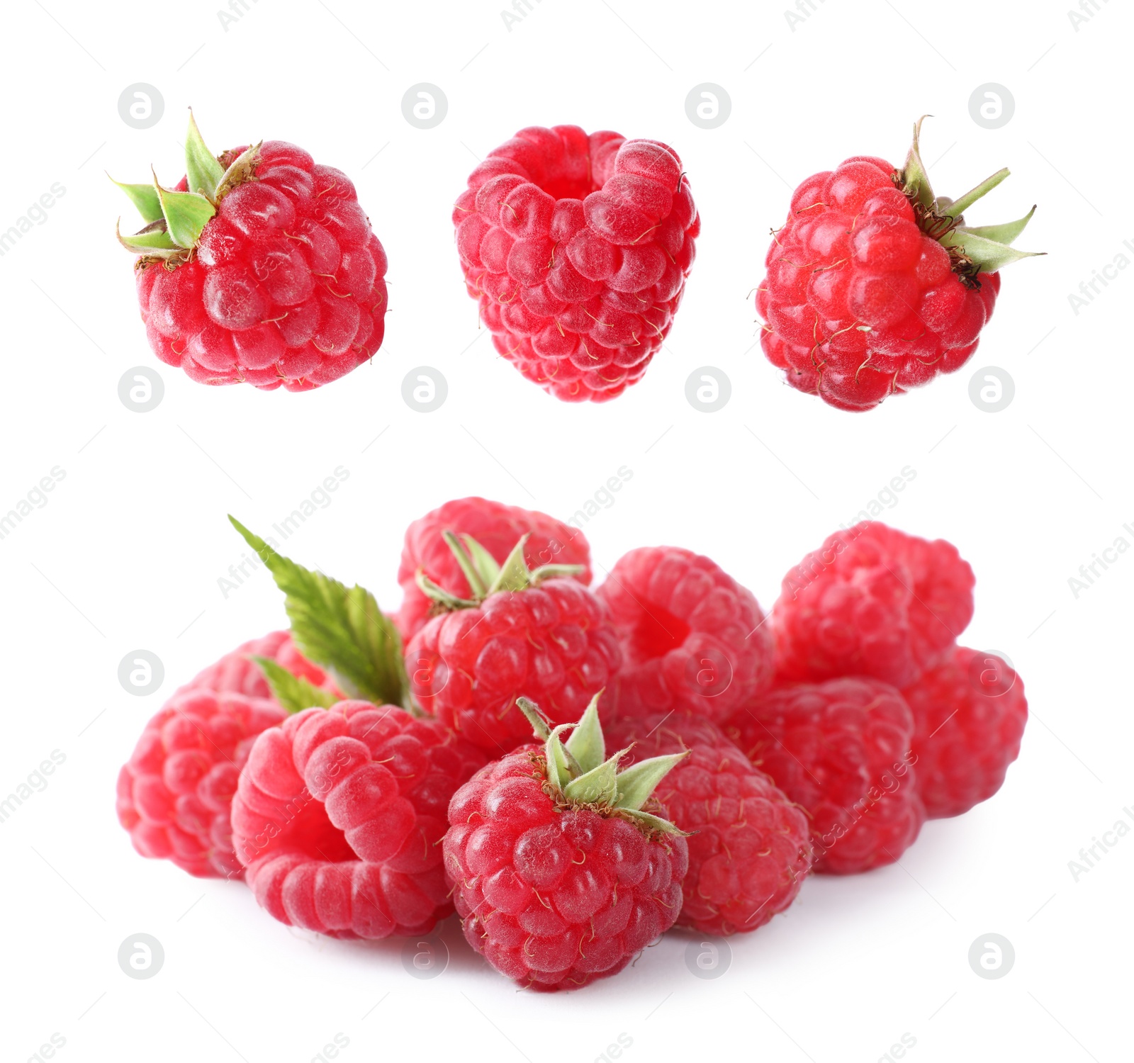 Image of Set of fresh ripe raspberries on white background