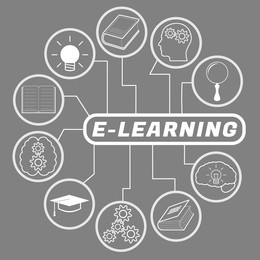 E-learning. Scheme with icons on grey background