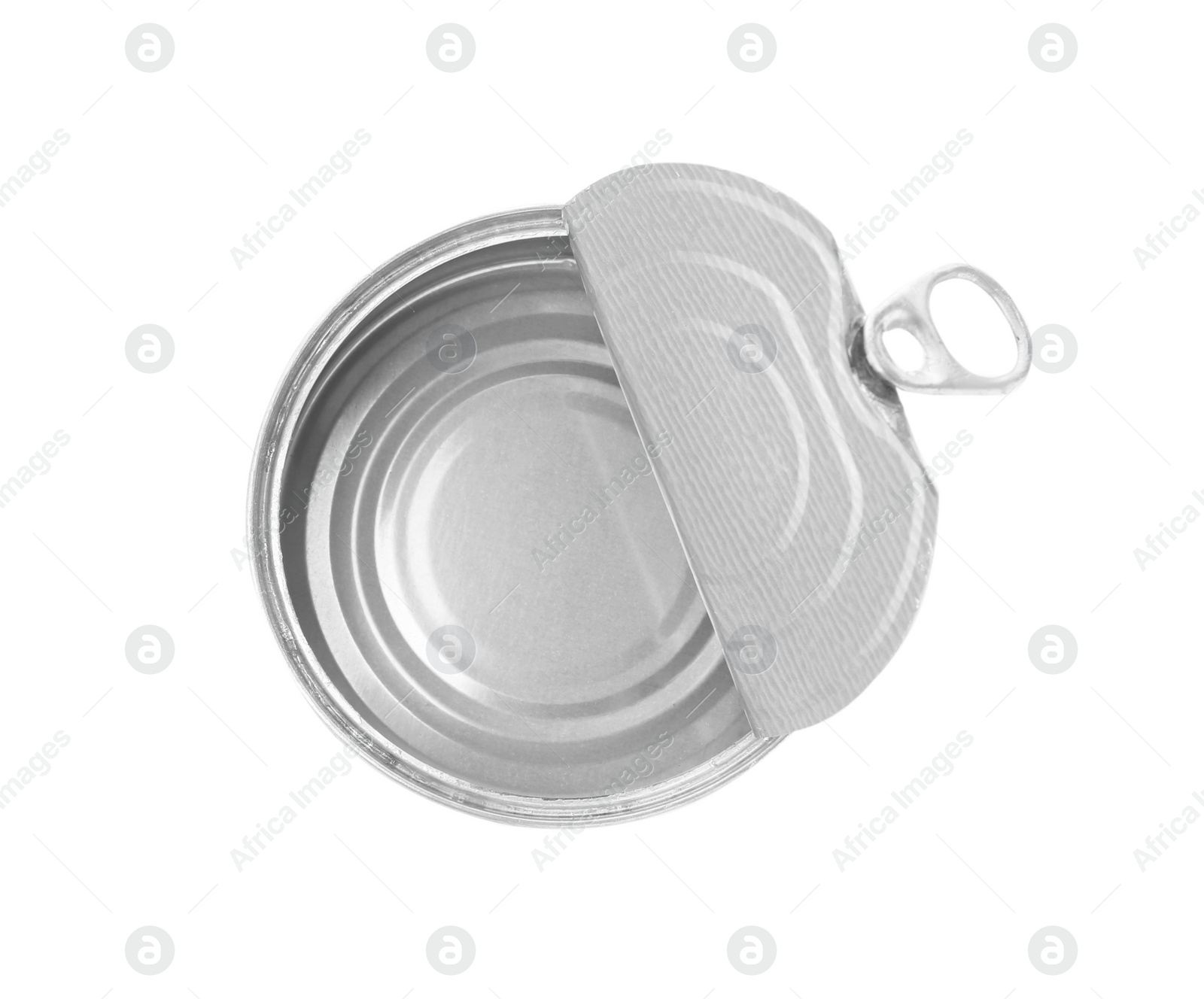 Photo of Empty aluminum can on white background, top view. Metal waste recycling