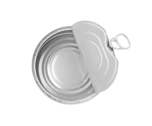 Photo of Empty aluminum can on white background, top view. Metal waste recycling