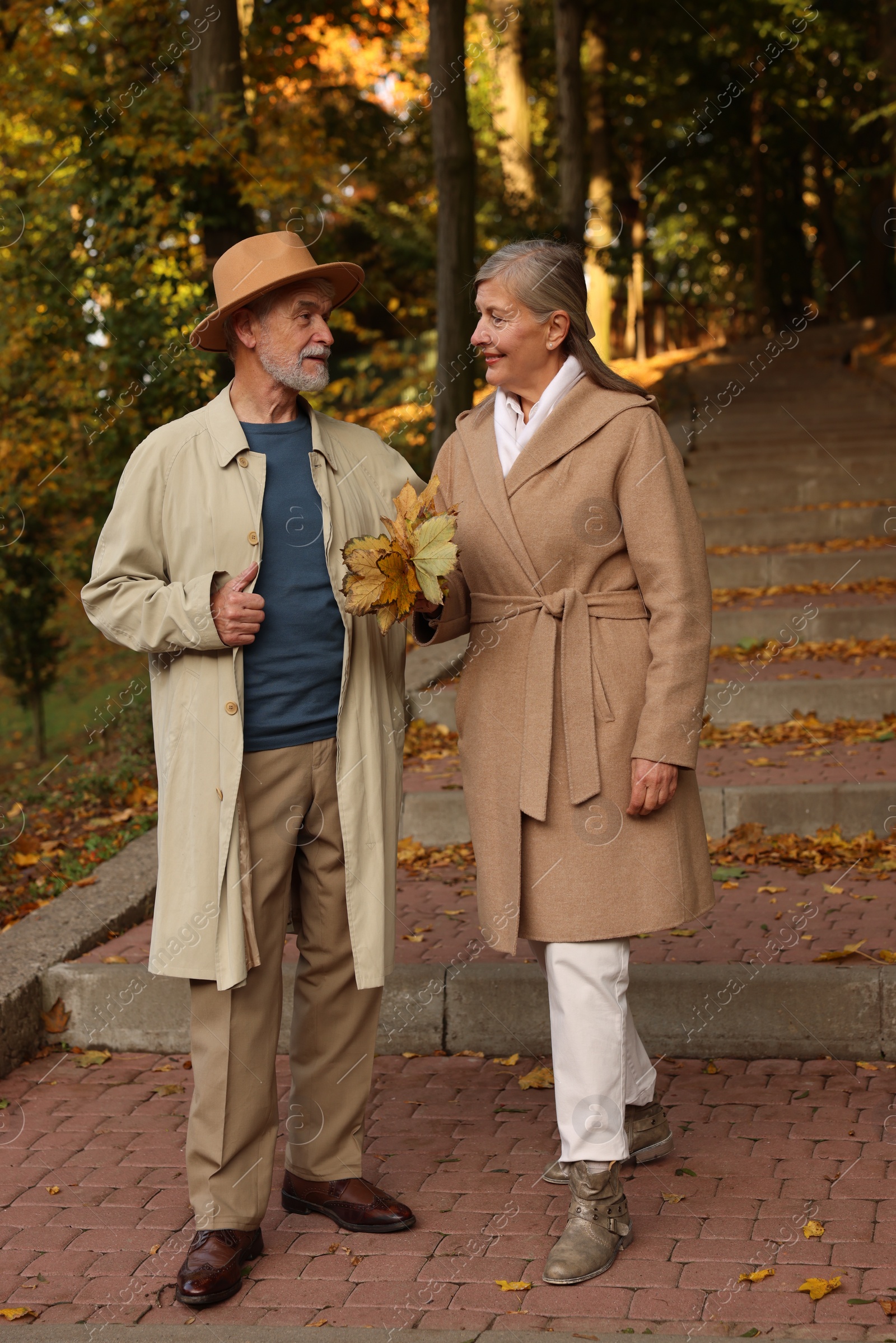 Photo of Affectionate senior couple with dry leaves in autumn park