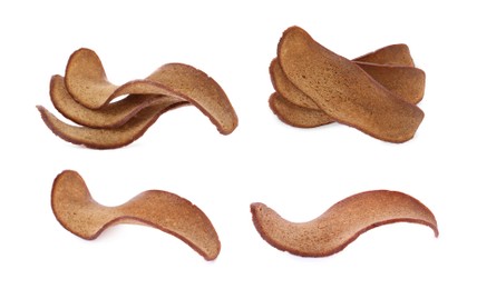 Image of Set with delicious crispy rusks on white background