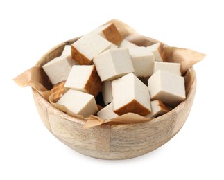 Bowl of delicious smoked tofu cubes isolated on white