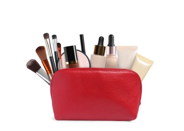 Image of Cosmetic bag filled with makeup products on white background